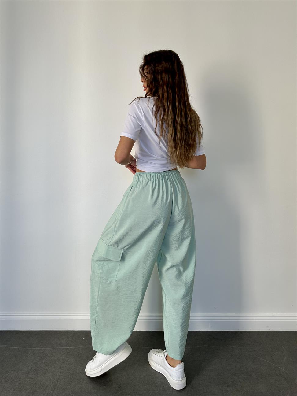 Mint Yeşil Paraşüt Kumaş Bol Kesim Kargo Pantolon