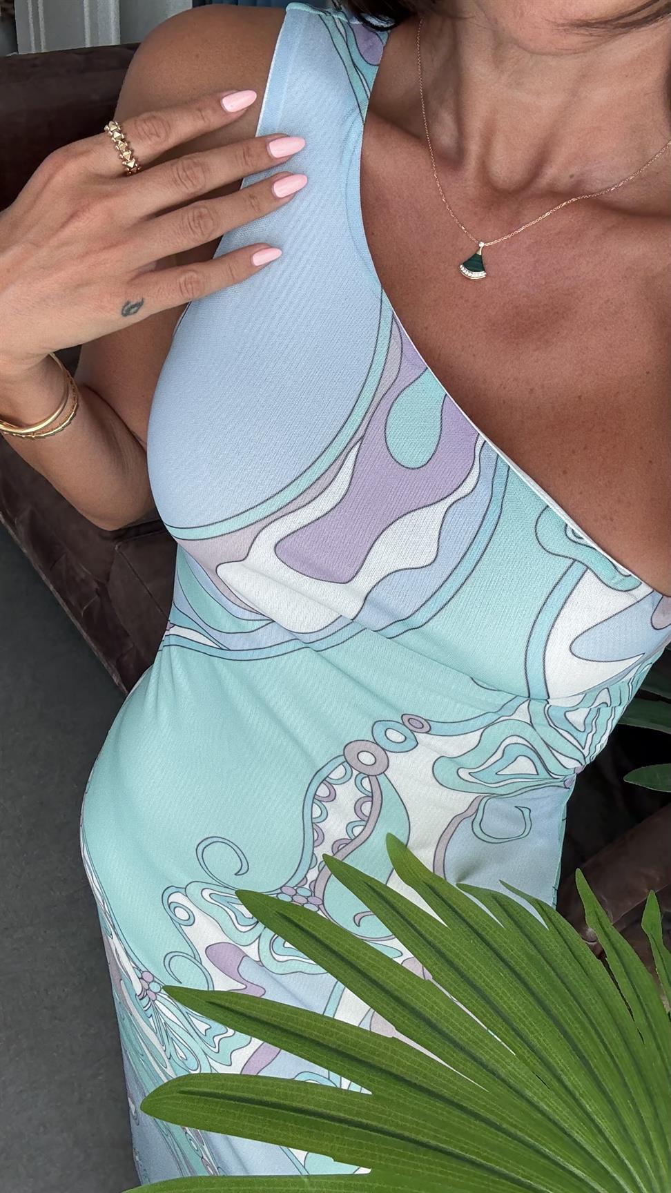 Mint Yeşil Tek Kol Desenli Şifon Elbise