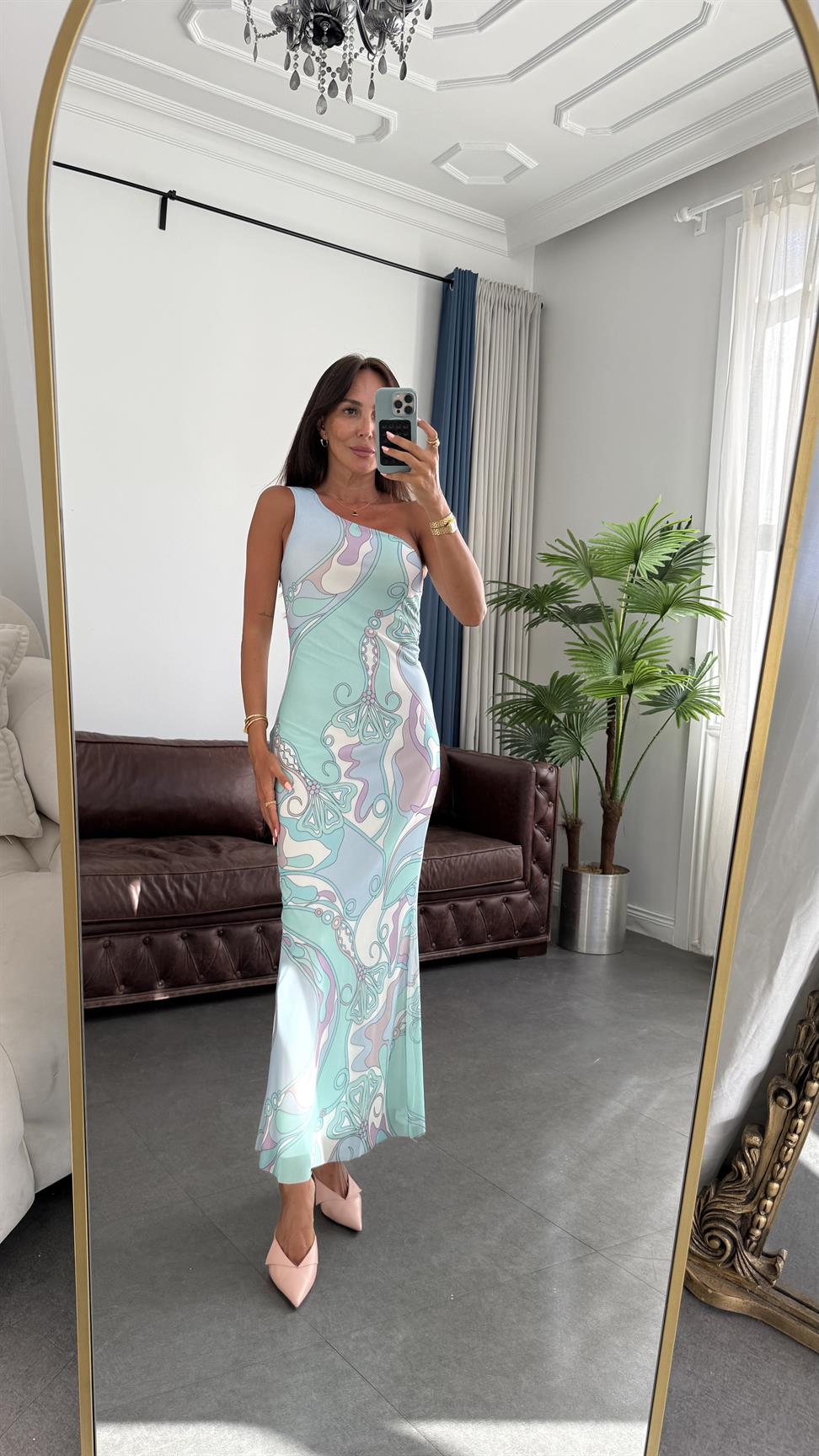 Mint Yeşil Tek Kol Desenli Şifon Elbise