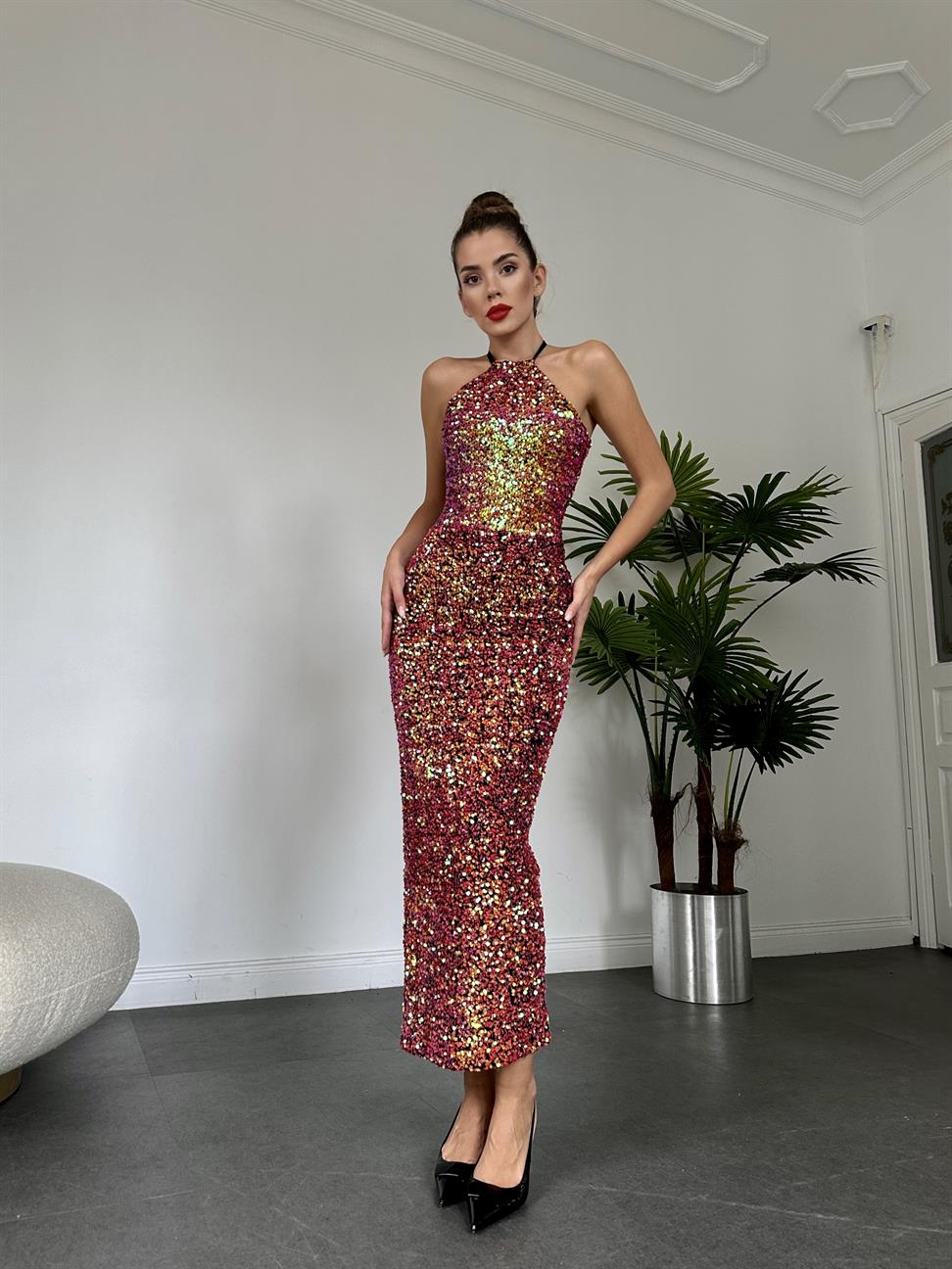 Mor Bağcıklı Pul Elbise