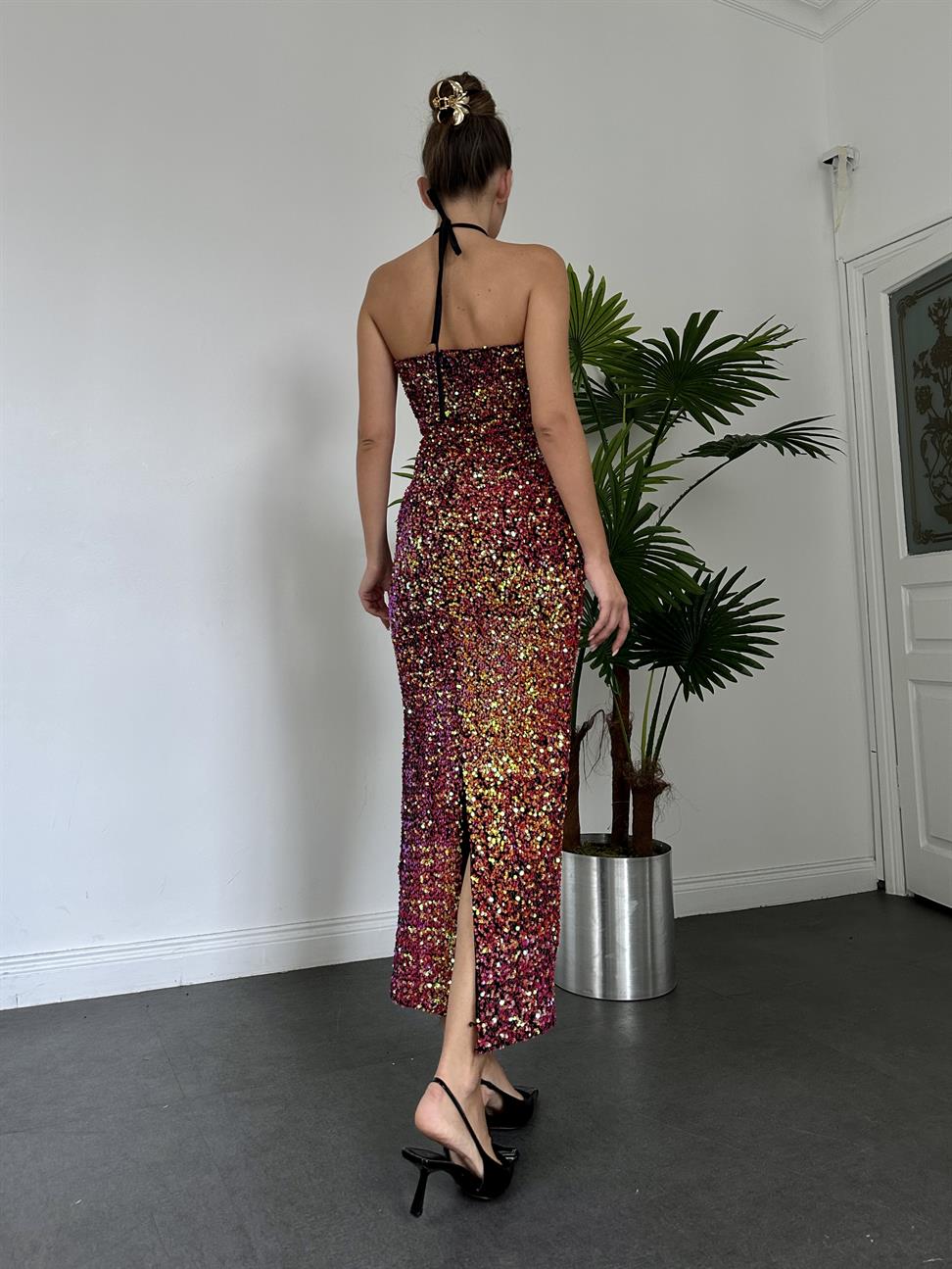 Mor Bağcıklı Pul Elbise