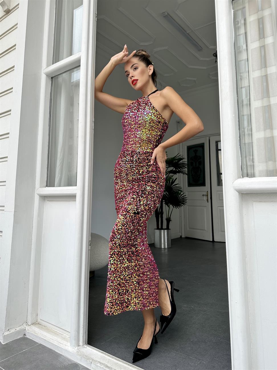 Mor Bağcıklı Pul Elbise