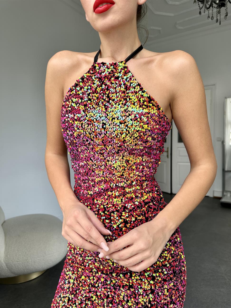 Mor Bağcıklı Pul Elbise