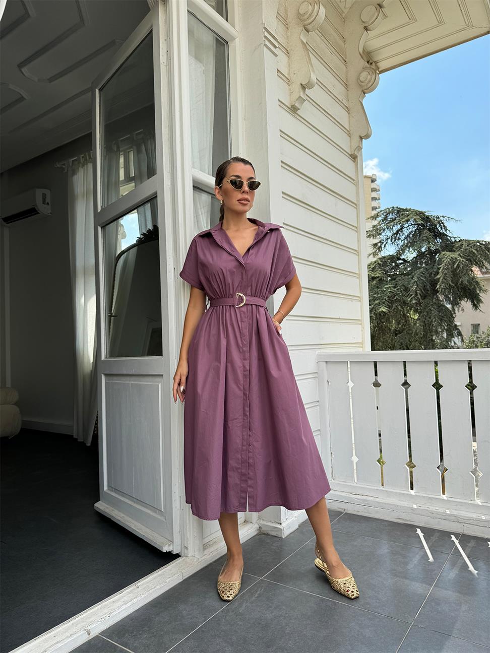 Mor Gömlek Yaka Kemerli Midi Boy Elbise