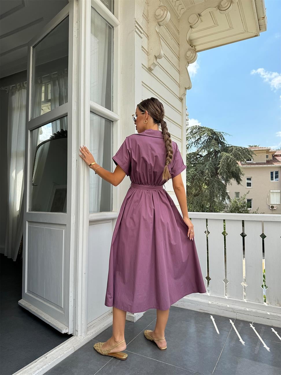 Mor Gömlek Yaka Kemerli Midi Boy Elbise
