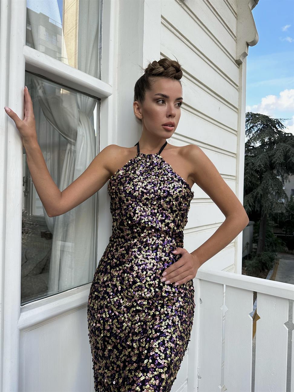 Mor-Sarı Payetli Boyundan Bağlamalı Elbise