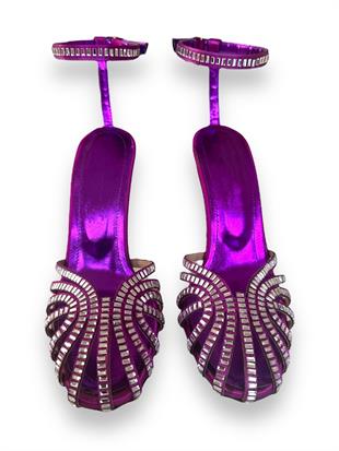 Mor Baget Taşlı İnce Topuklu Ayakkabı