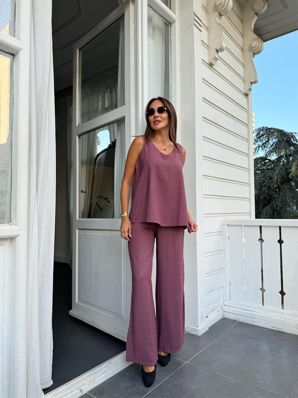 Mor V Yaka Modal Pantolon Takım