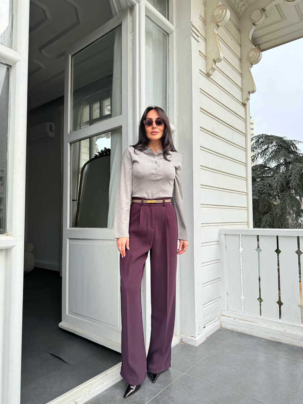 Mürdüm Palazzo Kumaş Pantolon