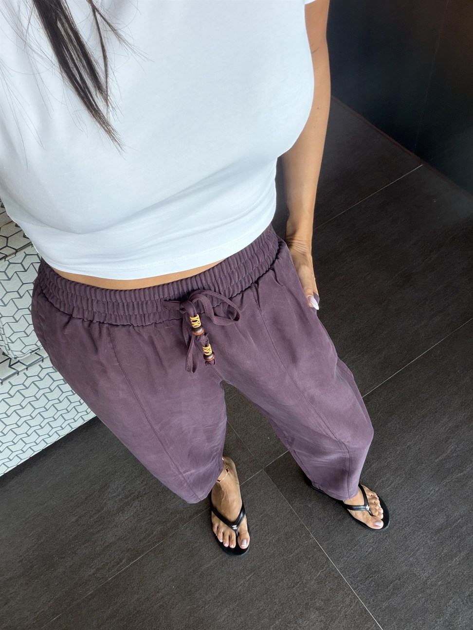 Mürdüm Tencel Bağcıklı Kumaş Pantolon