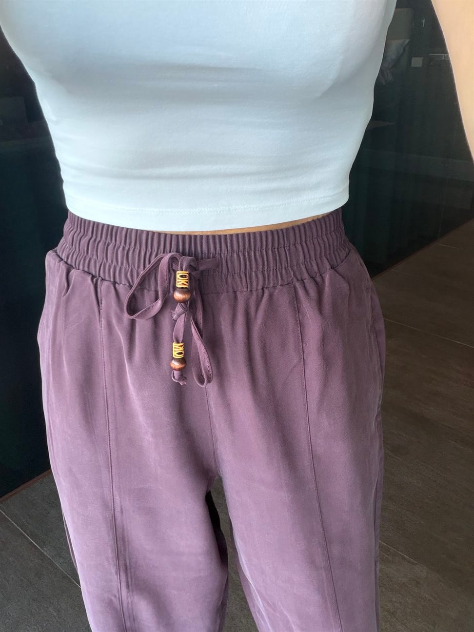 Mürdüm Tencel Bağcıklı Kumaş Pantolon