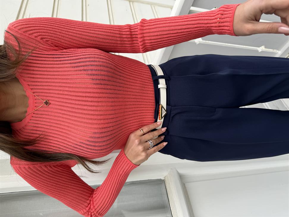 Nar Çiçeği Bisiklet Yaka Transparan Triko