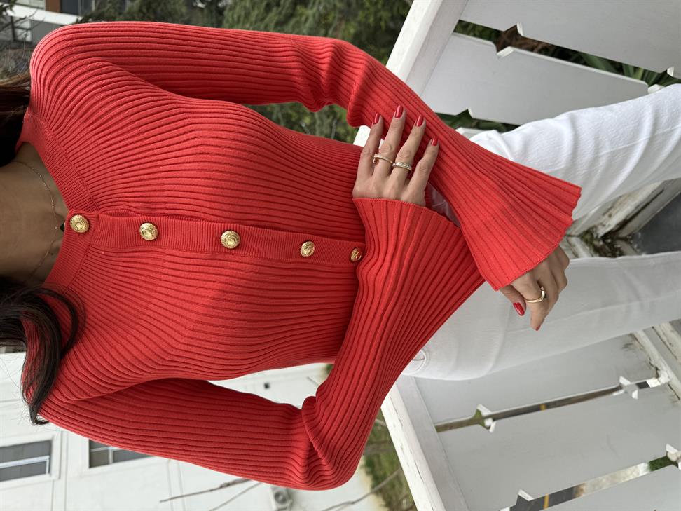 Nar Çiçeği Düğmeli İspanyol Kol Triko Hırka