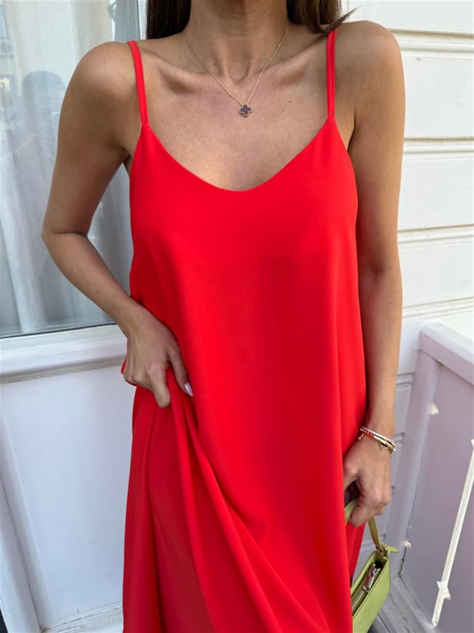 Nar Çiçeği Etek Ucu Volanlı Uzun Elbise