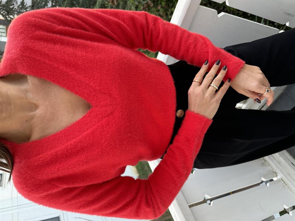 Nar Çiçeği V Yakalı Yumoş Kazak