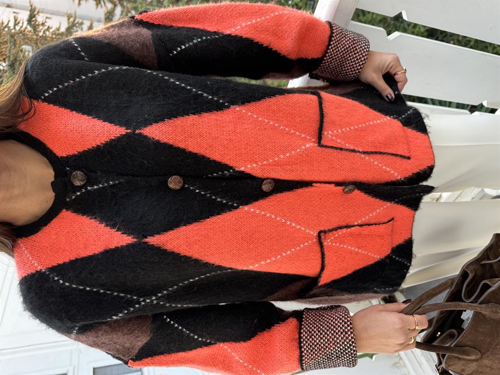 Neon Oranj Baklava Desen Cepli Hırka