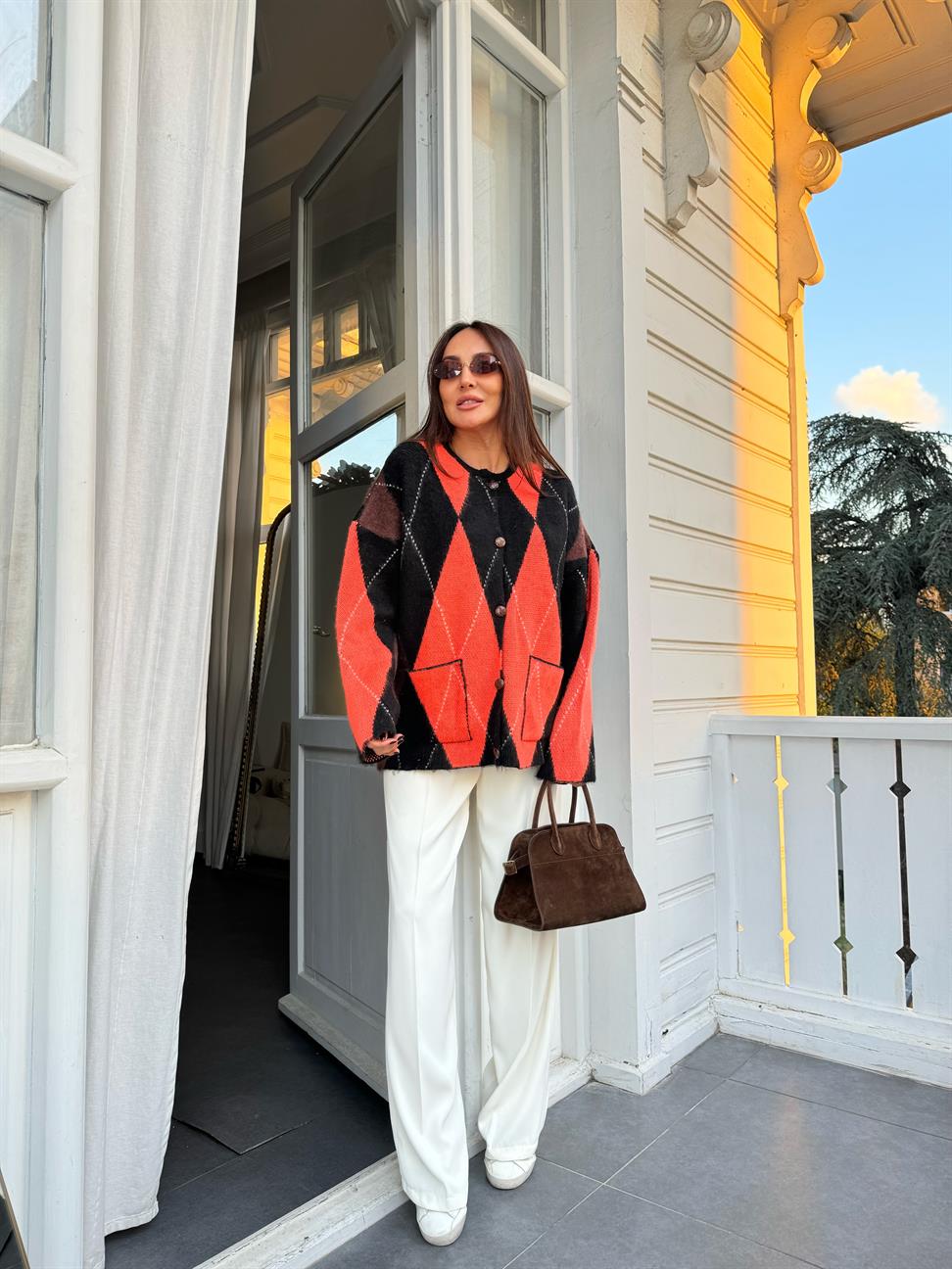 Neon Oranj Baklava Desen Cepli Hırka