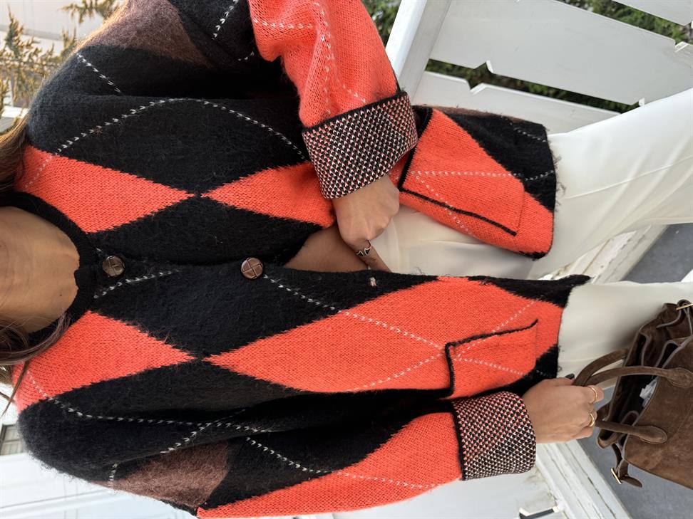 Neon Oranj Baklava Desen Cepli Hırka