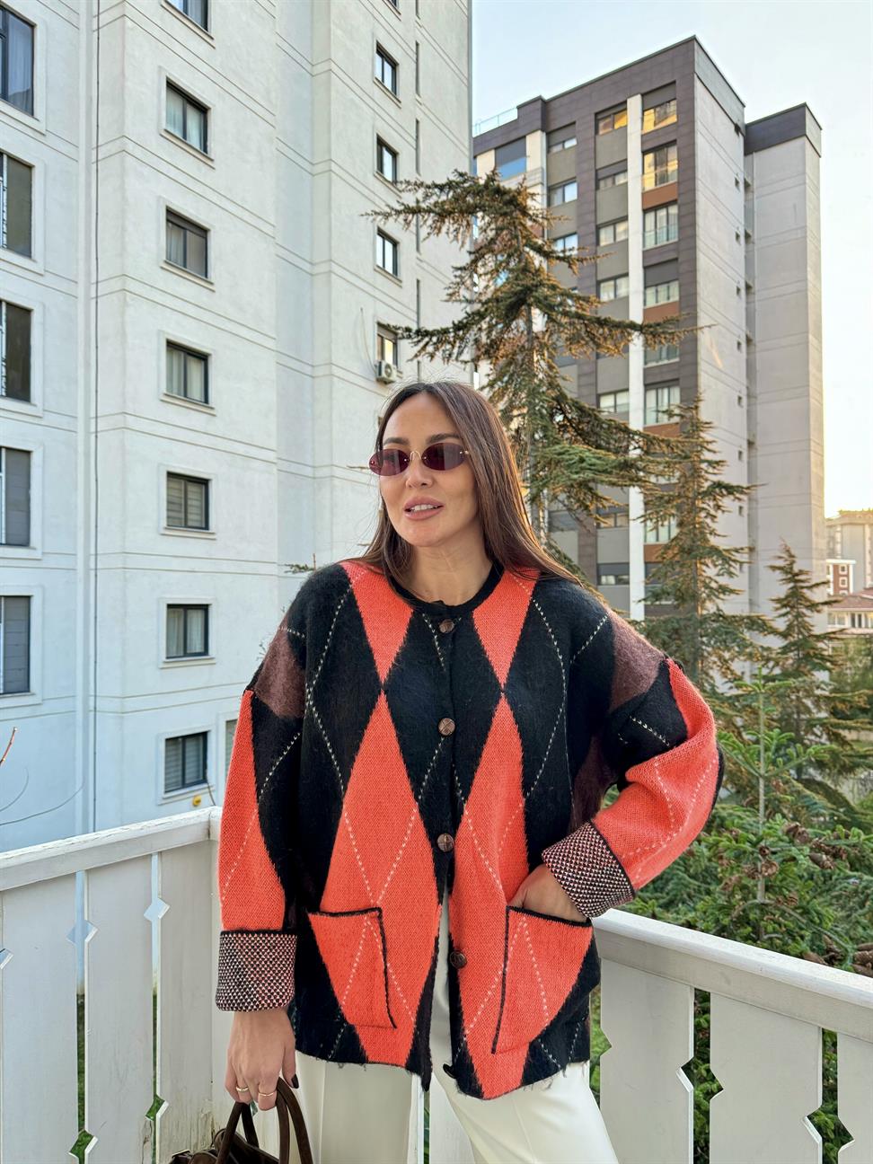 Neon Oranj Baklava Desen Cepli Hırka