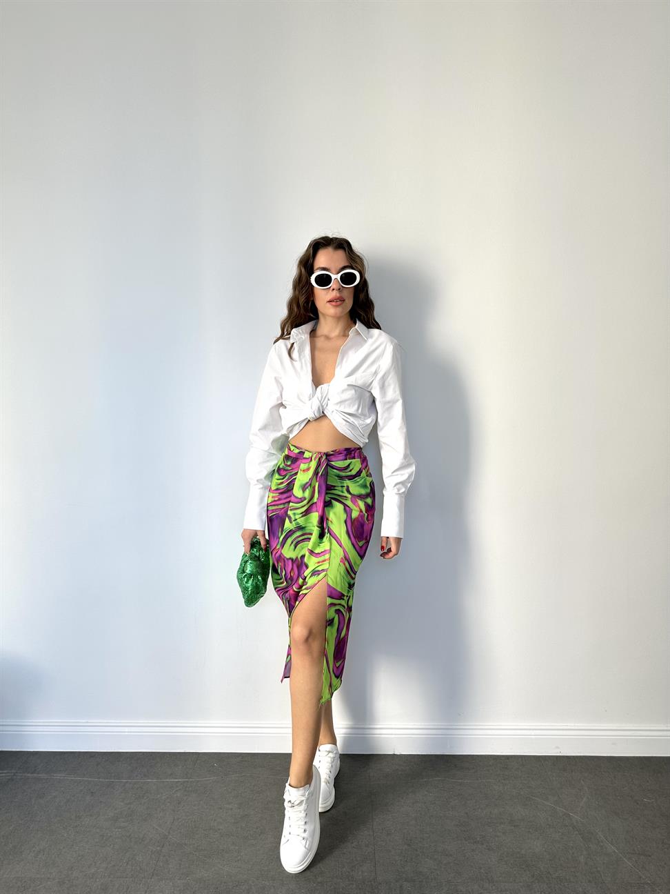 Neon Yeşil Desenli Midi Etek