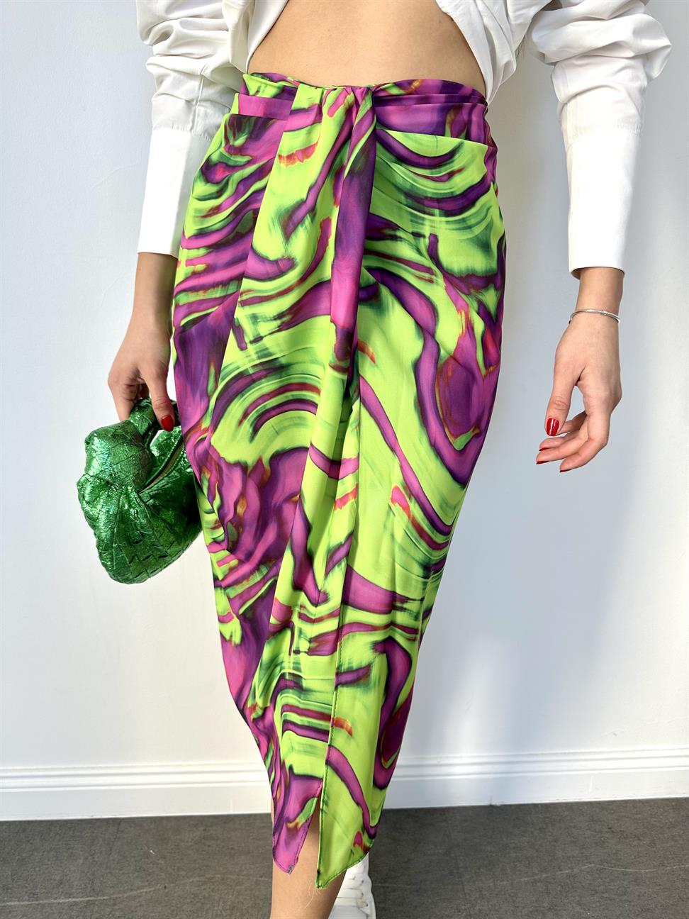 Neon Yeşil Desenli Midi Etek