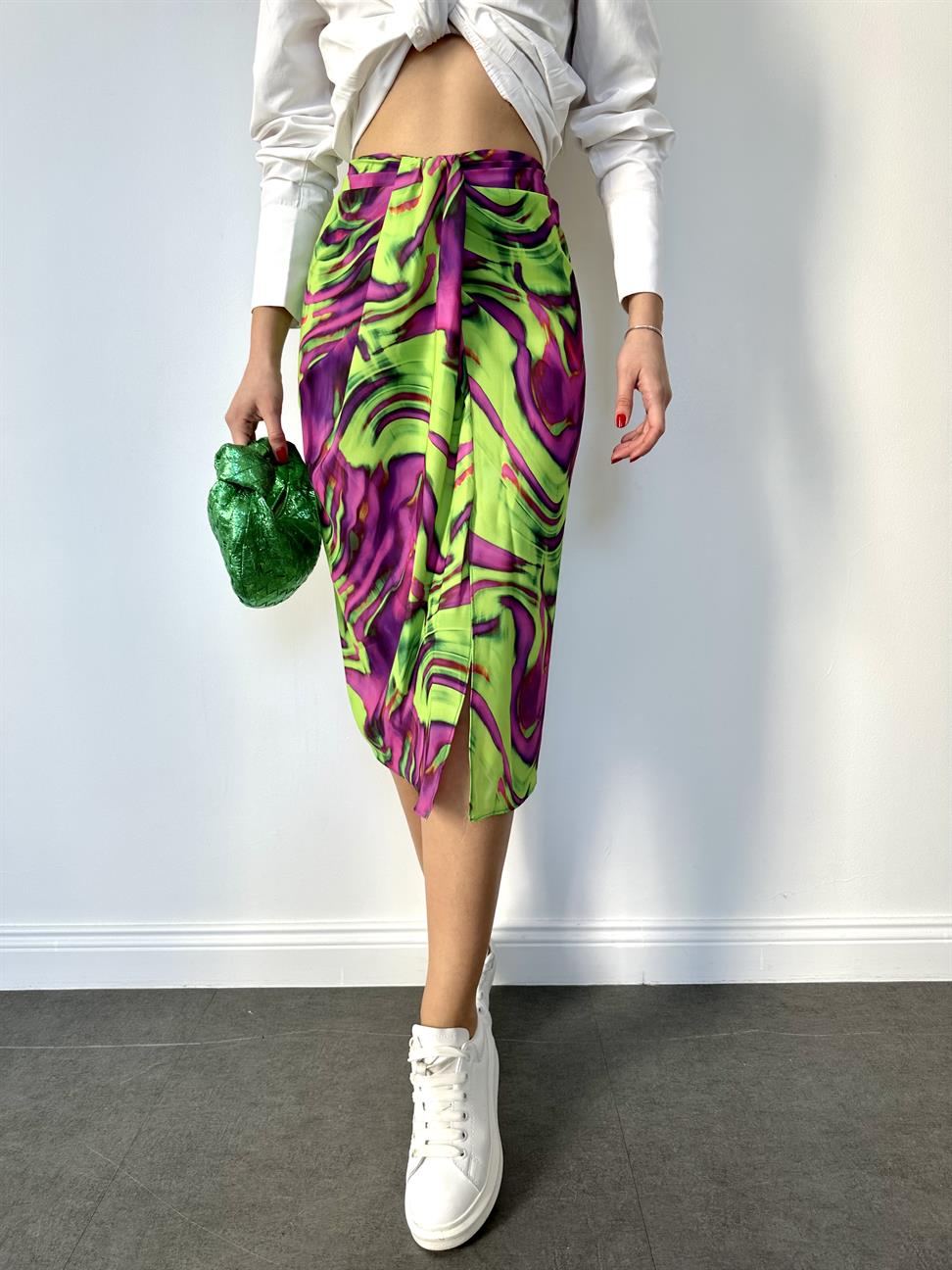 Neon Yeşil Desenli Midi Etek