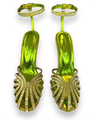 Neon Yeşil Baget Taşlı İnce Topuklu Ayakkabı