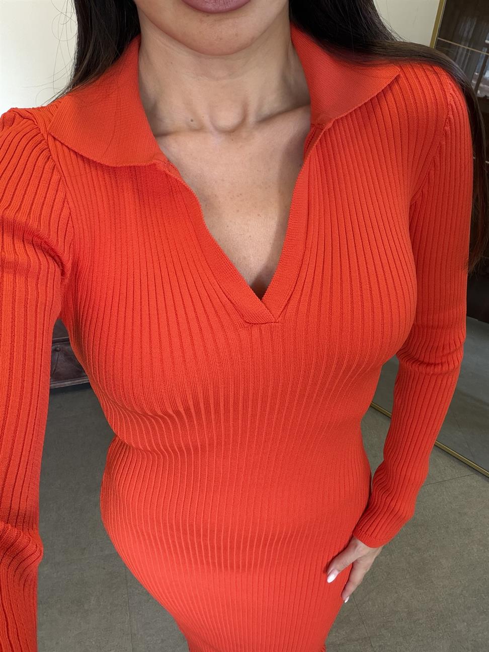 Oranj Uzun Kollu Polo Yaka Elbise