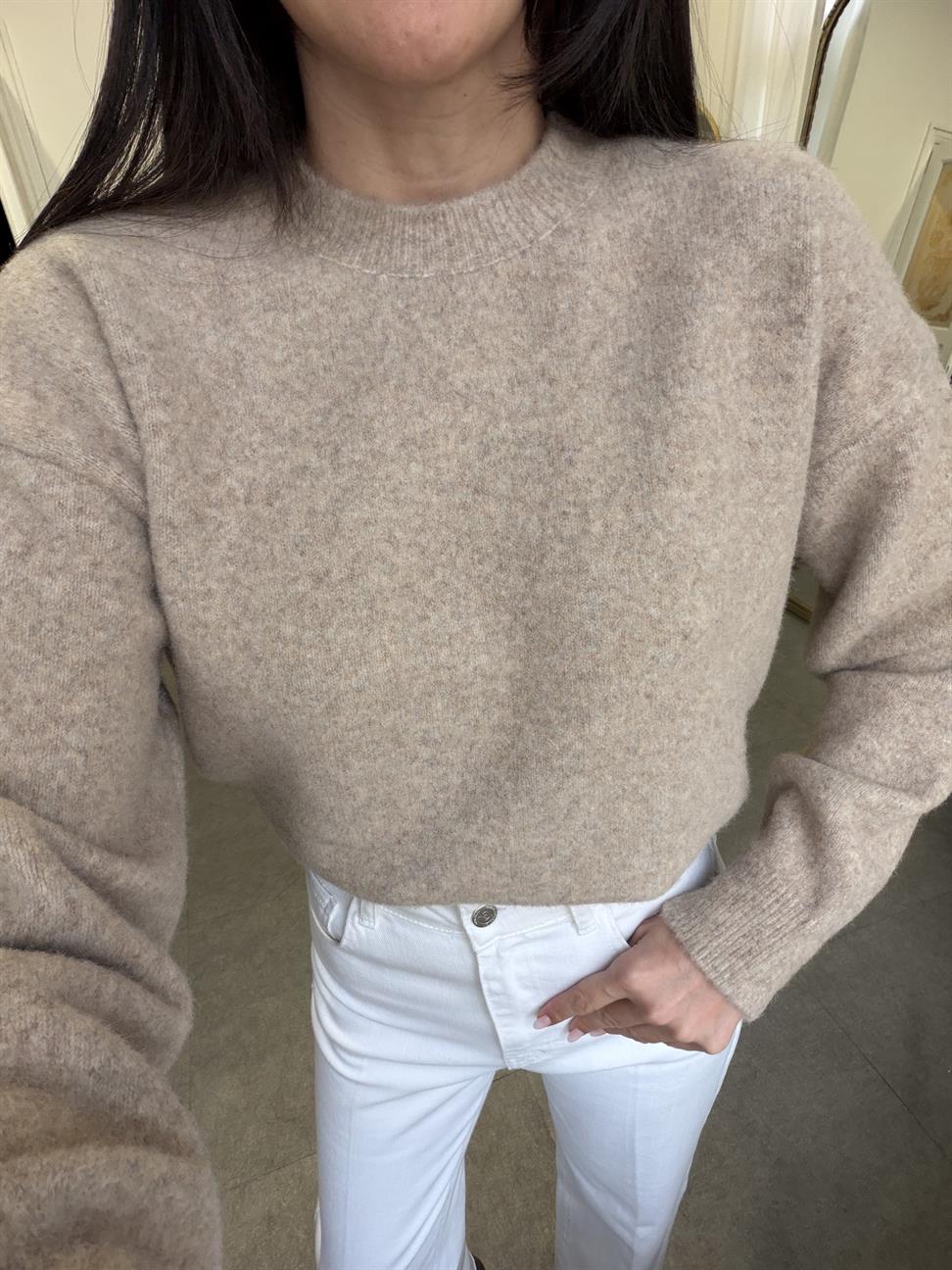 Orta Bej Melanj Bisiklet Yaka Yumuşak Dokulu Triko Kazak