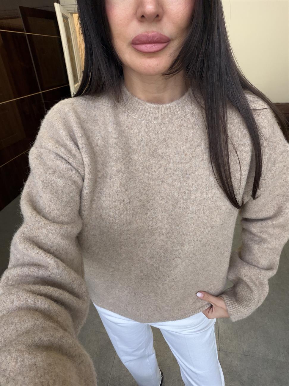 Orta Bej Melanj Bisiklet Yaka Yumuşak Dokulu Triko Kazak