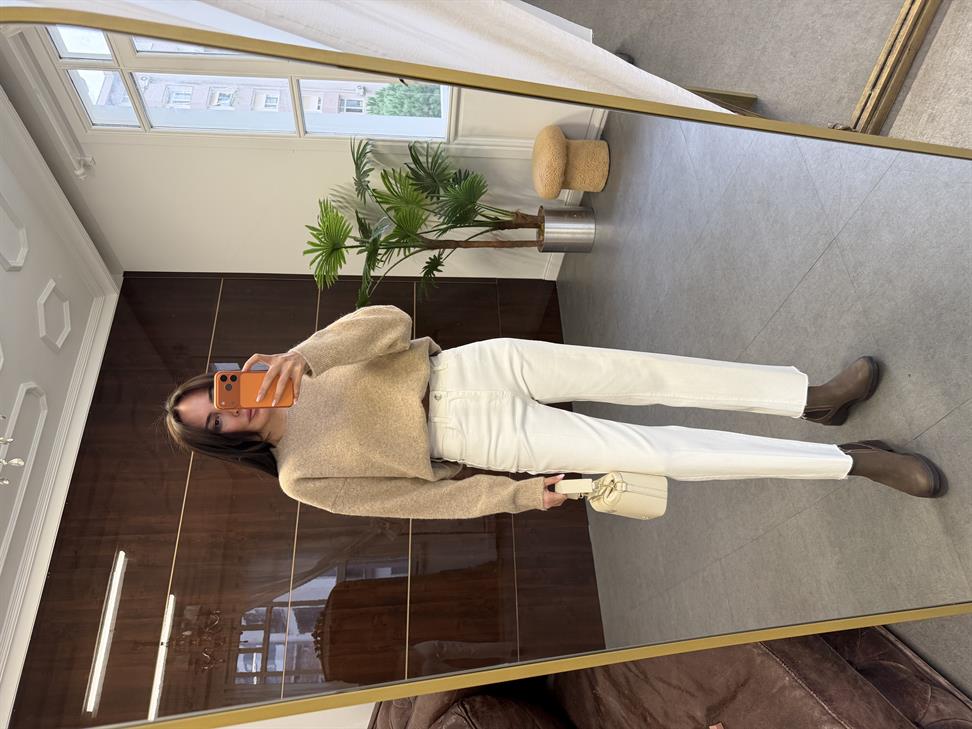 Orta Bej Melanj Bisiklet Yaka Yumuşak Dokulu Triko Kazak