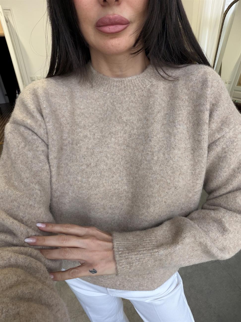 Orta Bej Melanj Bisiklet Yaka Yumuşak Dokulu Triko Kazak