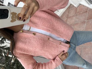 Pembe Altın Renk Düğmeli Hırka