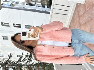 Pembe Altın Renk Düğmeli Hırka