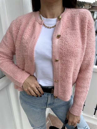 Pembe Altın Renk Düğmeli Hırka