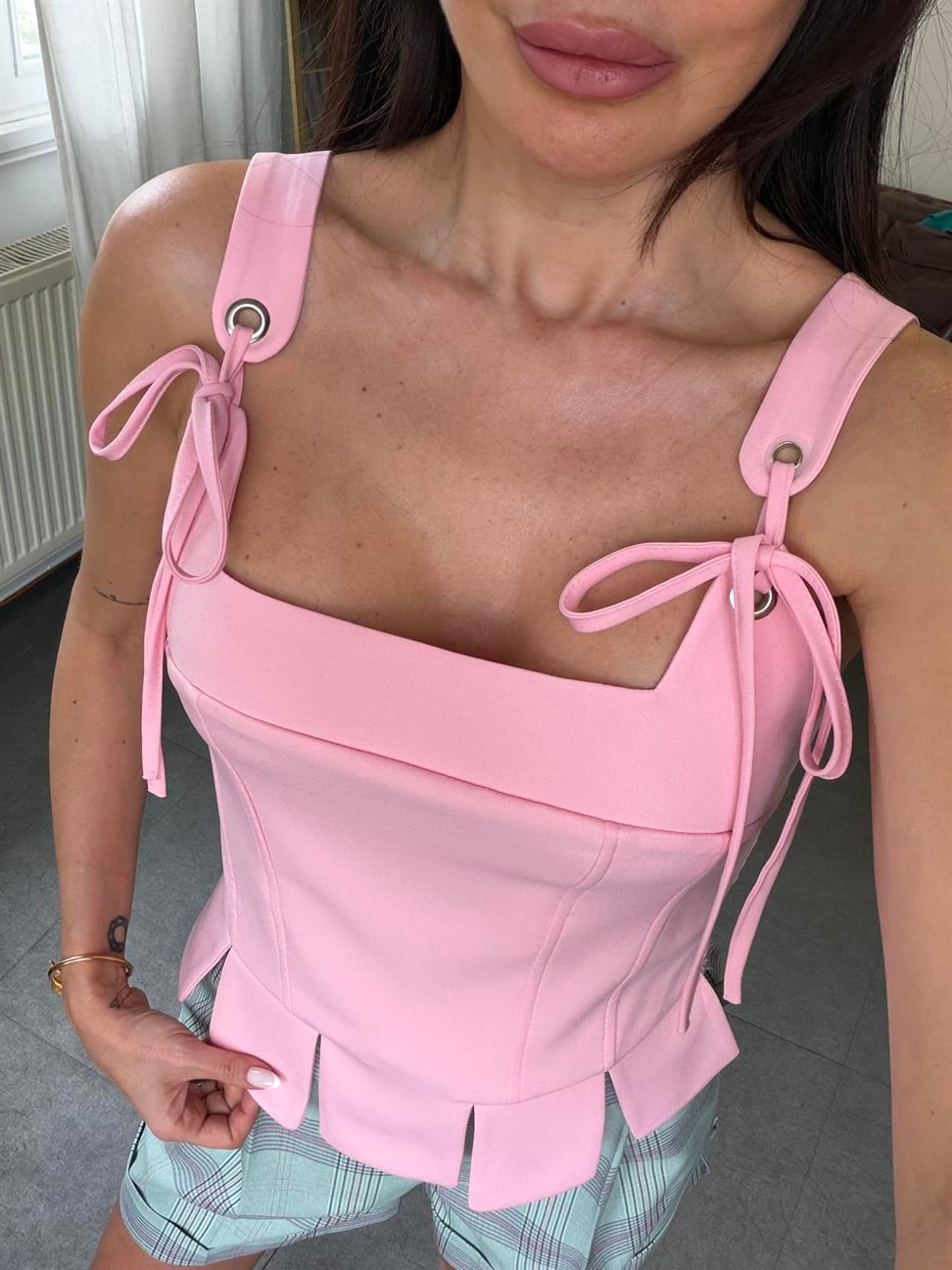 Pembe Atlas Korse Bluz