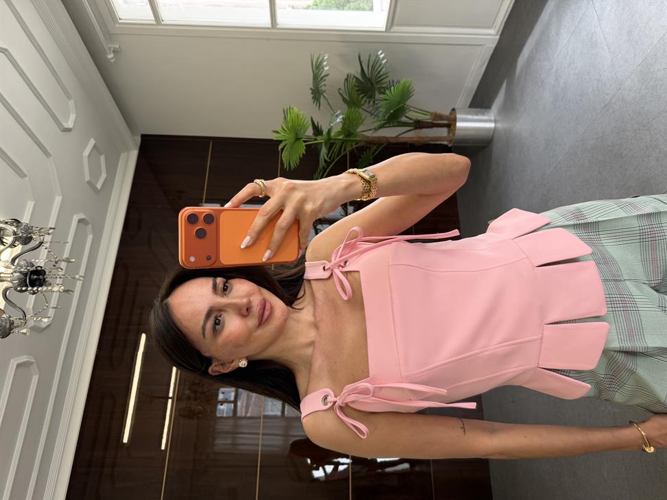 Pembe Atlas Korse Bluz