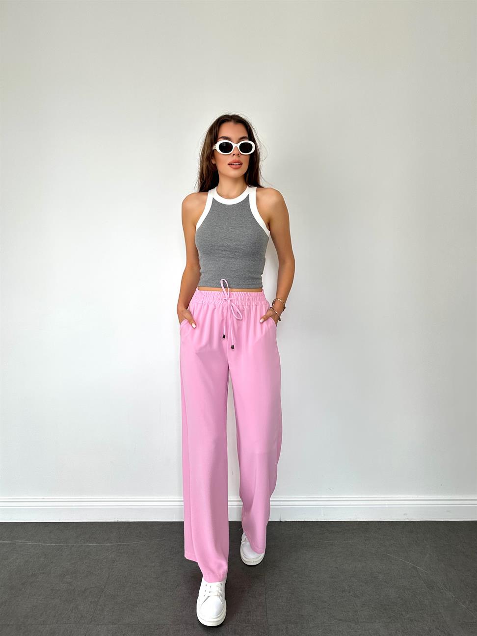 Pembe Beli Lastikli Geniş Paça Pantolon