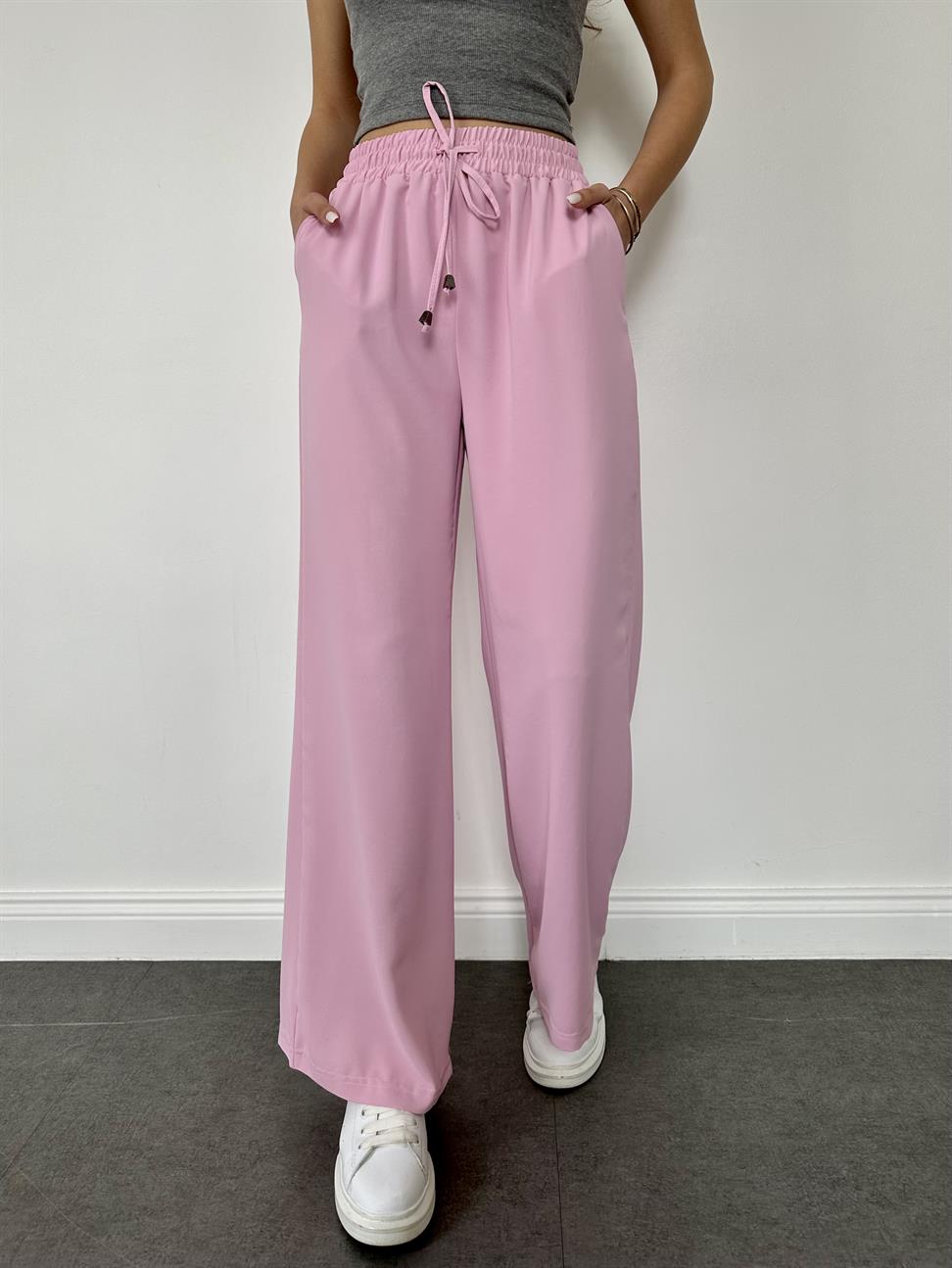 Pembe Beli Lastikli Geniş Paça Pantolon