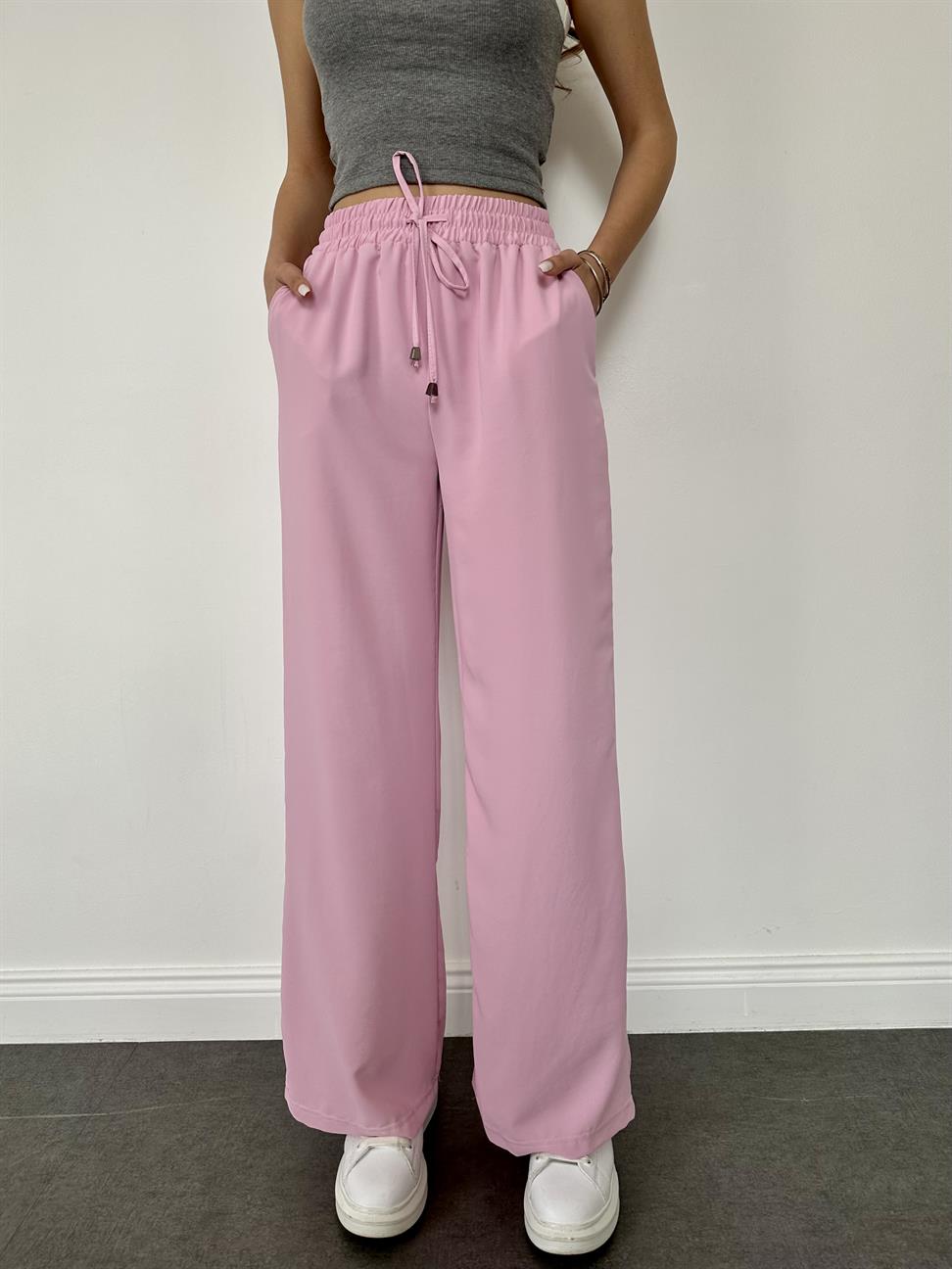 Pembe Beli Lastikli Geniş Paça Pantolon