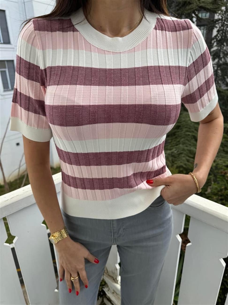 Pembe Bisiklet Yaka Çizgili Yumuşak Dokulu Triko Bluz