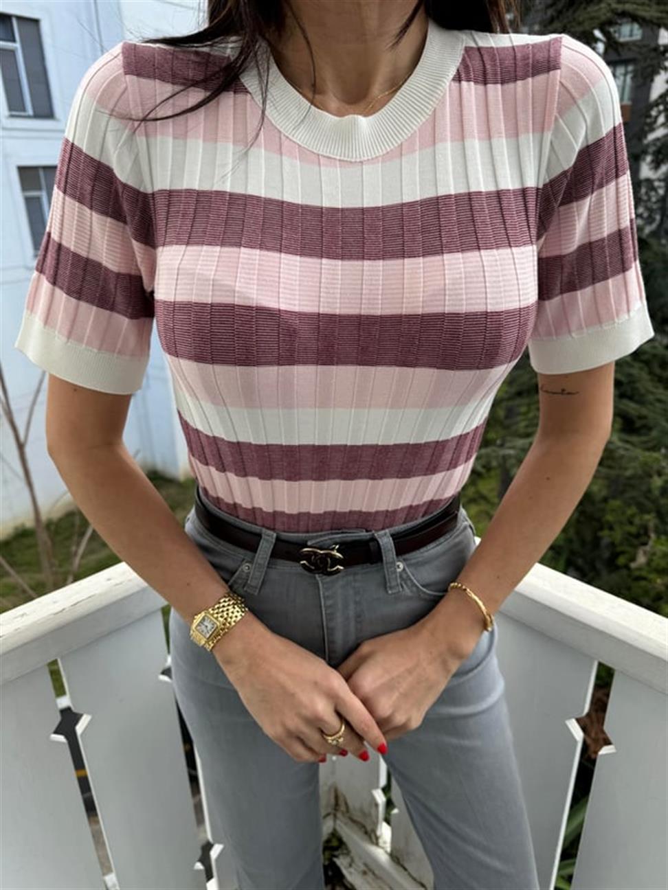 Pembe Bisiklet Yaka Çizgili Yumuşak Dokulu Triko Bluz