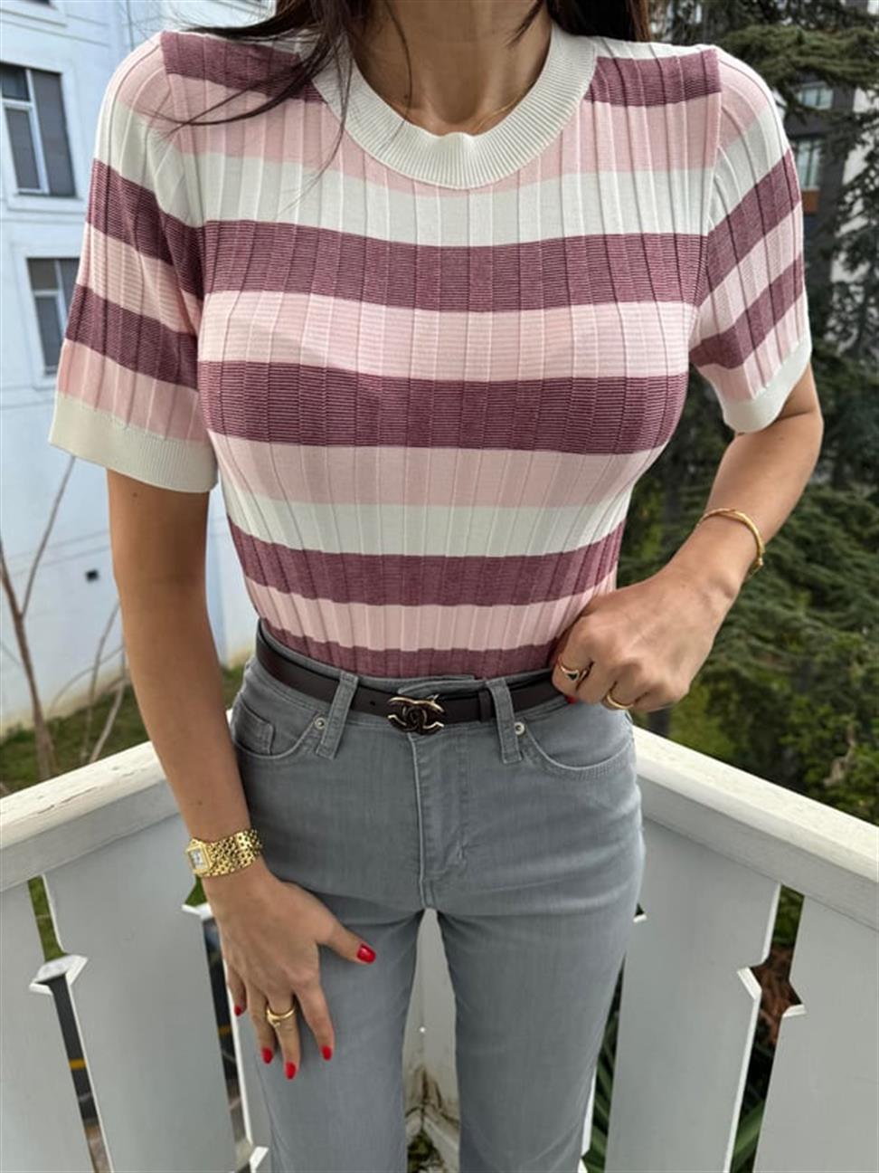 Pembe Bisiklet Yaka Çizgili Yumuşak Dokulu Triko Bluz