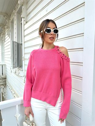 Pembe Bisiklet Yaka Sol Omzu Açık Kazak