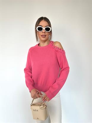 Pembe Bisiklet Yaka Sol Omzu Açık Kazak