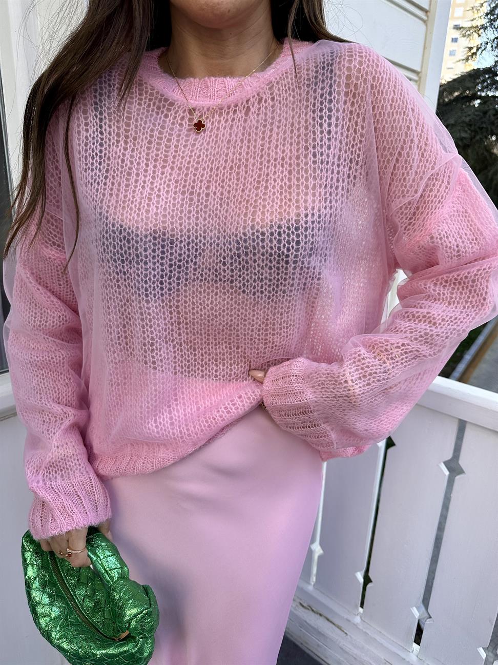 Pembe Bisiklet Yaka Tüllü Kazak