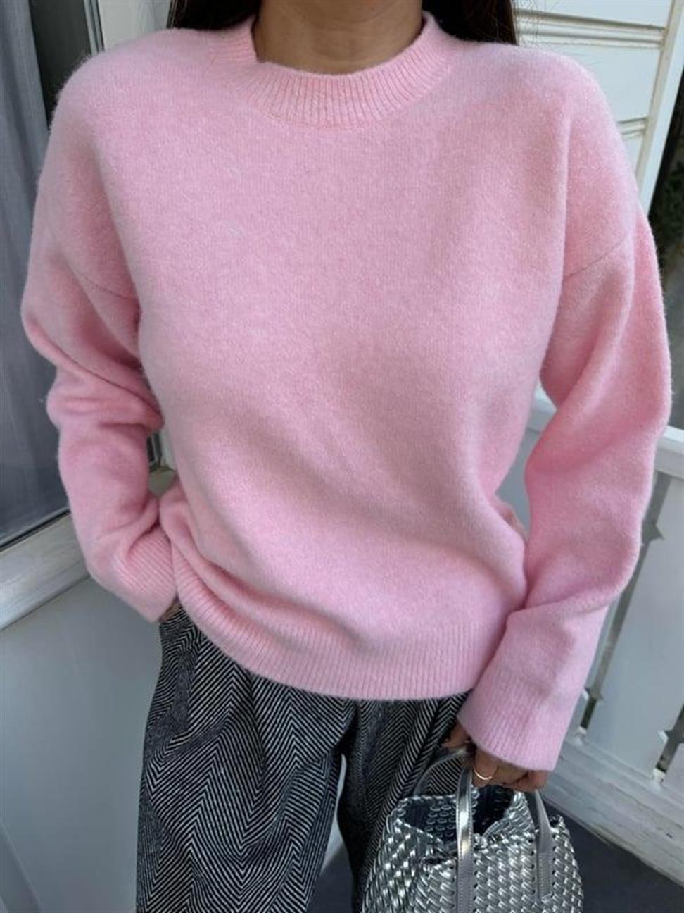 Pembe Bisiklet Yaka Yumuşak Dokulu Triko Kazak