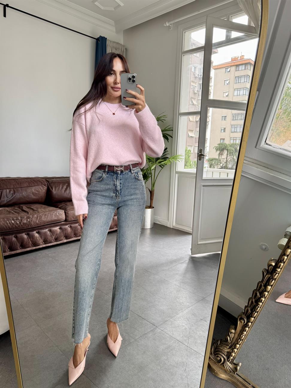 Pembe Bisiklet Yaka Yumuşak Dokulu Triko Kazak