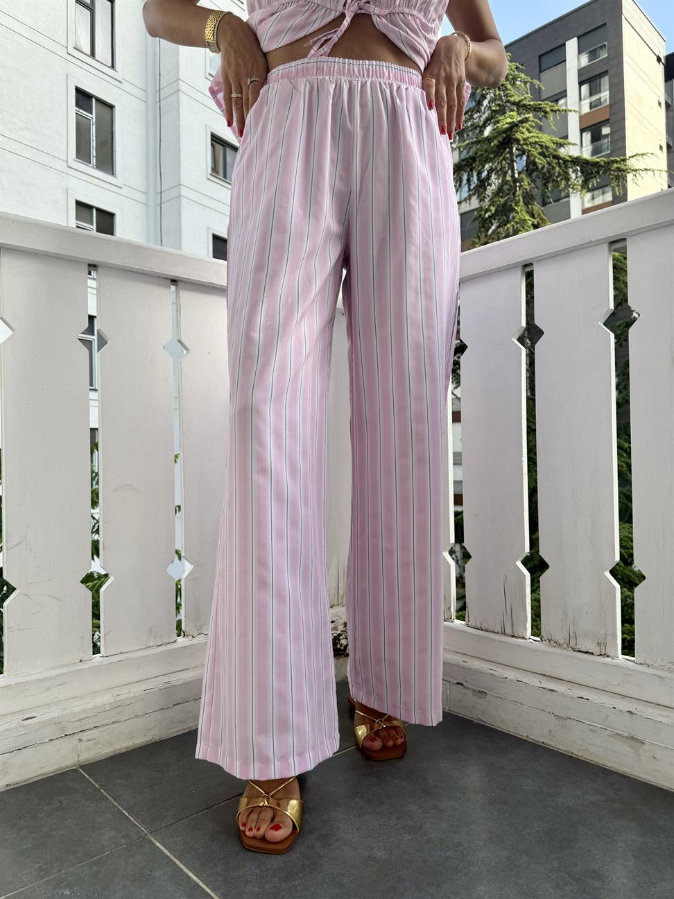 Pembe Çizgili Poplin KumaşTakım