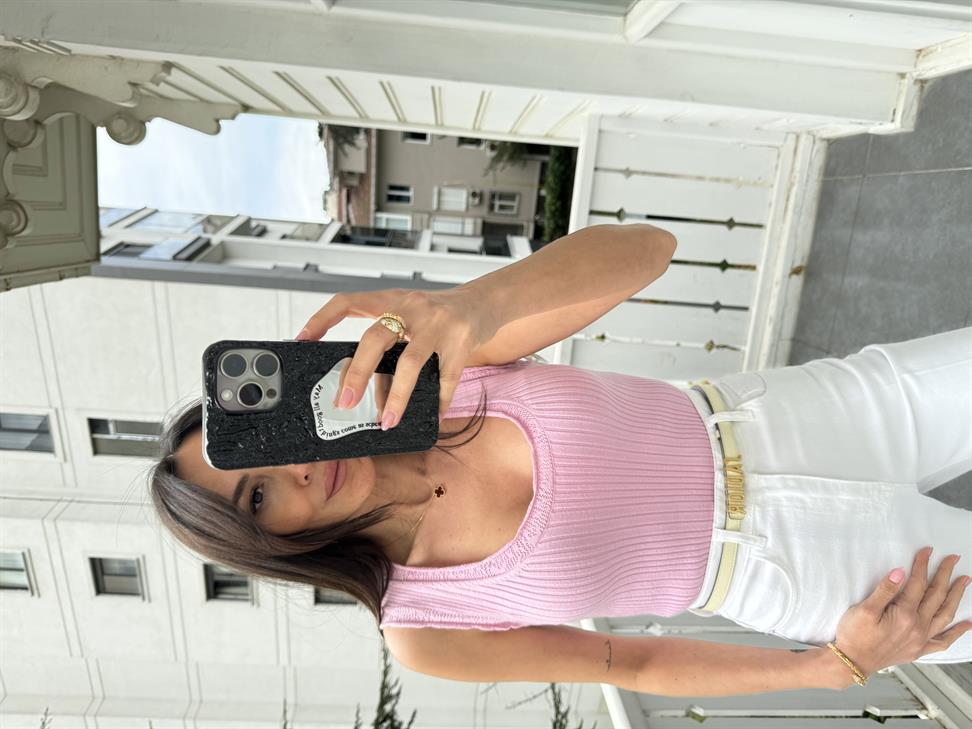 Pembe Dokulu İnce Triko Bluz